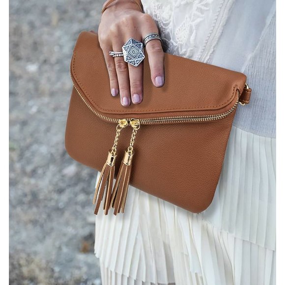 Purse Double Tassel Zippers Lightweight Flapover Handbag with Wristlet Strap CA - Picture 2 of 7